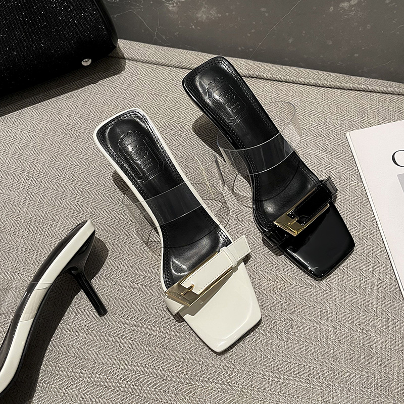 2025 Summer New Fashion Square Buckle High Heel Slippers for Women Pointed Toe Sexy Thin Heel Open Toe Sandals