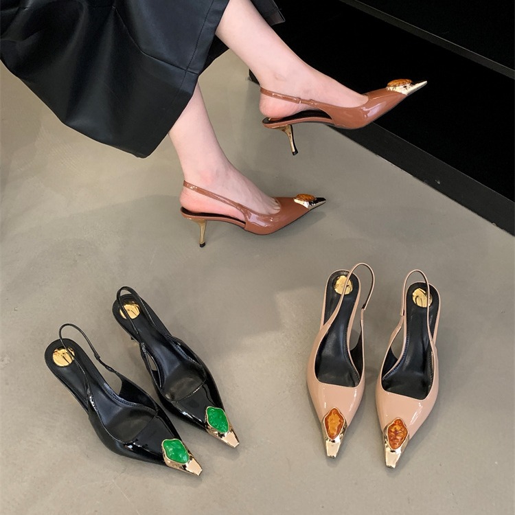 Fortune One Foot Retro Pointed Toe High Heel Women's Shoes 2025 Spring Fashion Show New Metallic Patent Leather Open Back Thin Heel Sandals