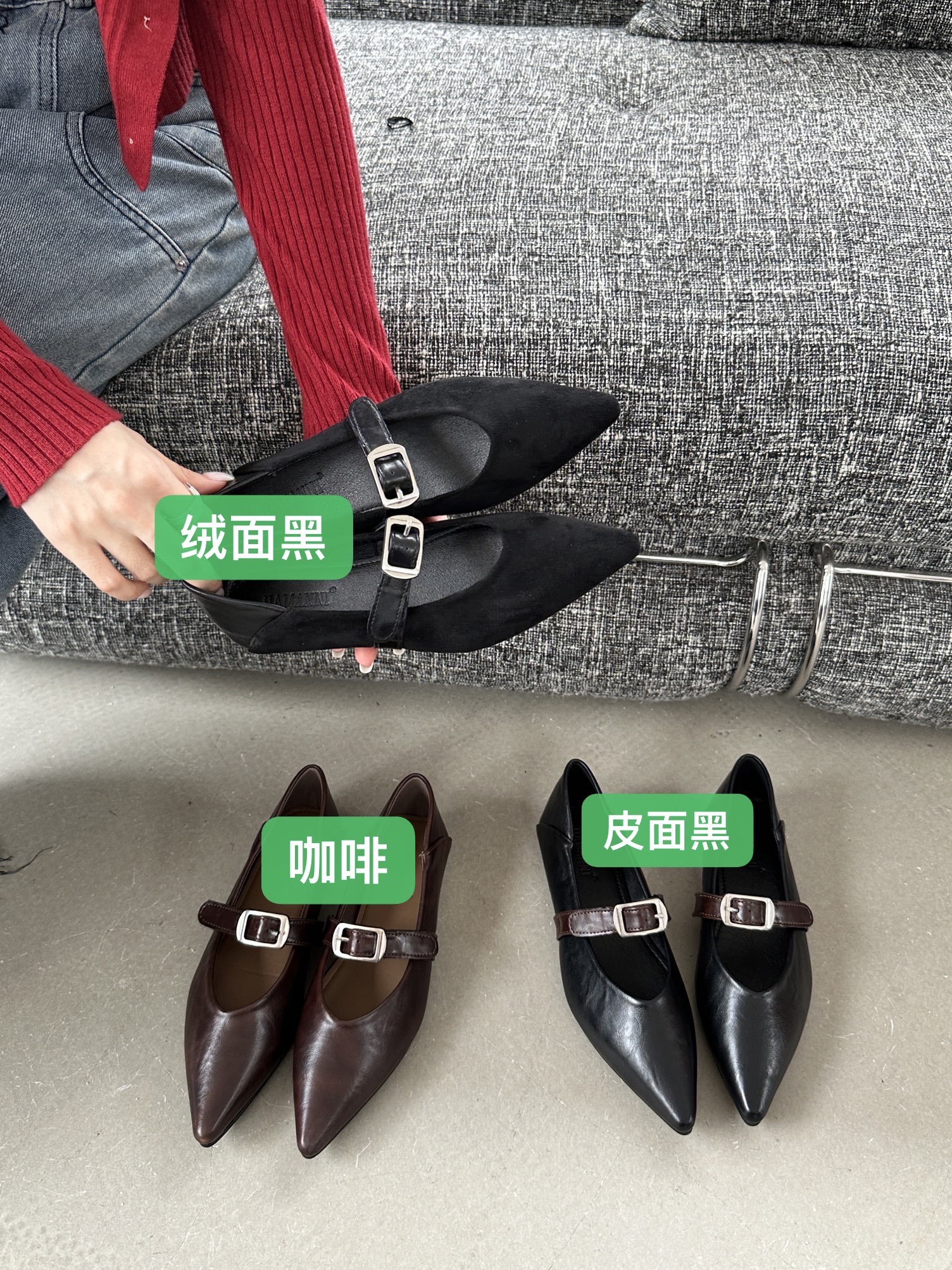 French Pointed Toe Shallow Mouth Belt Buckle Soft Leather Flat Shoes for Women 2024 Autumn New Arrival