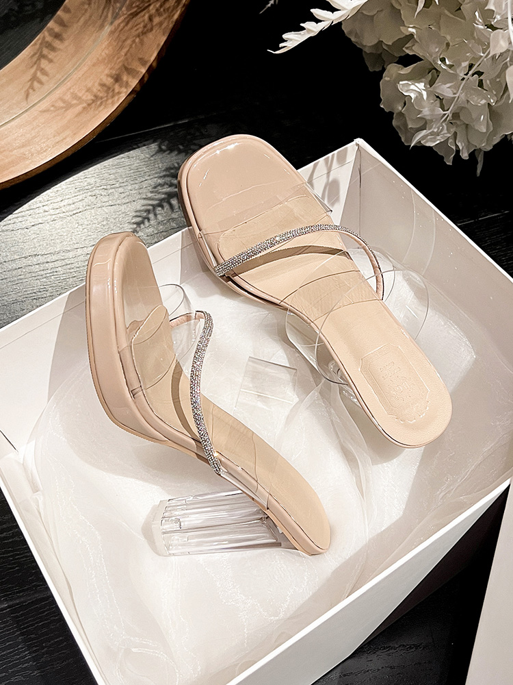 French Rhinestone Transparent High Heel Sandals Women Summer White Crystal One-Strap Slippers Outdoor