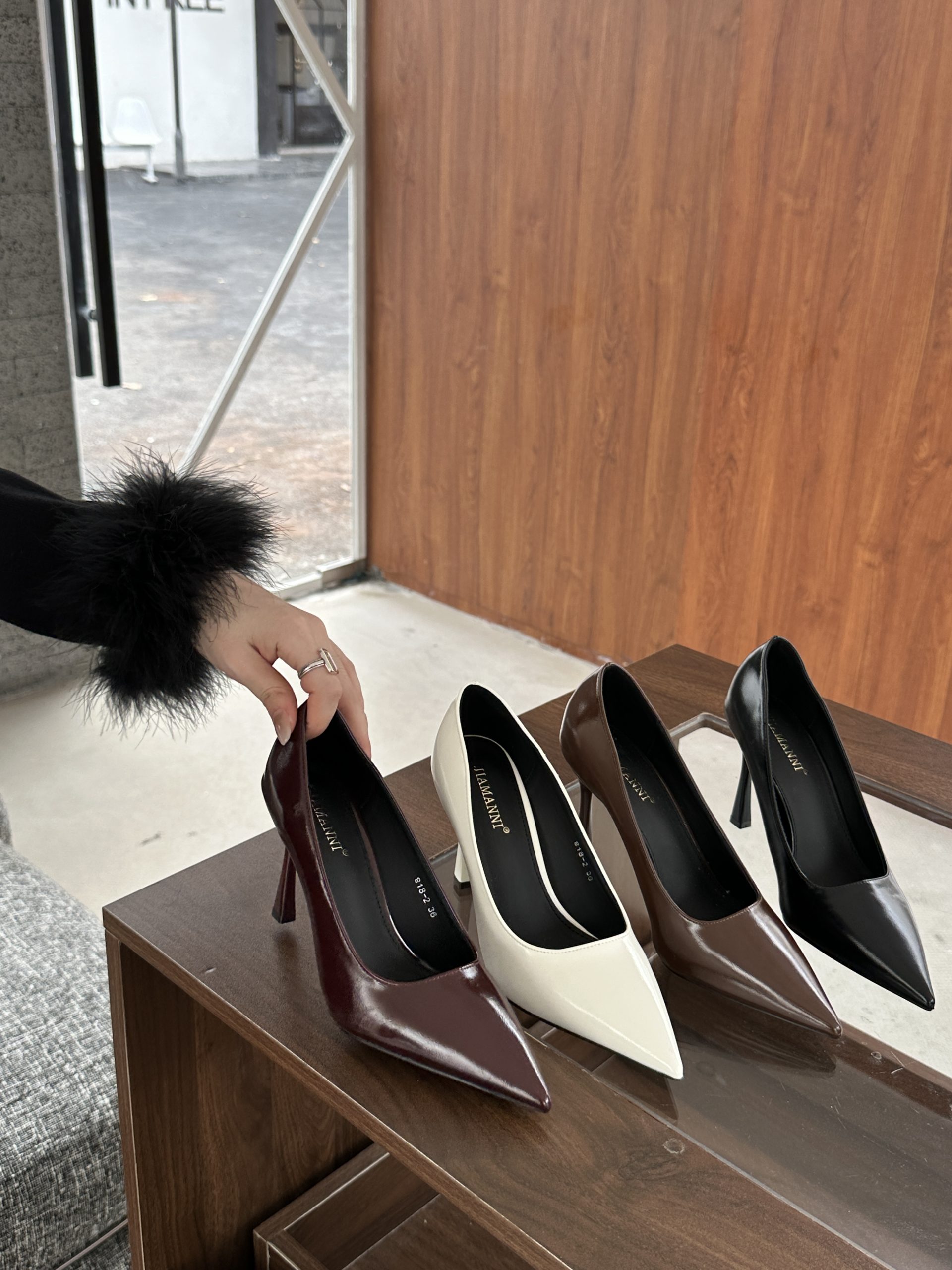JIAMANNI Women's 2024 Autumn Red Soft Leather Pointed Toe Kitten Heel Slip-On Office Shoes