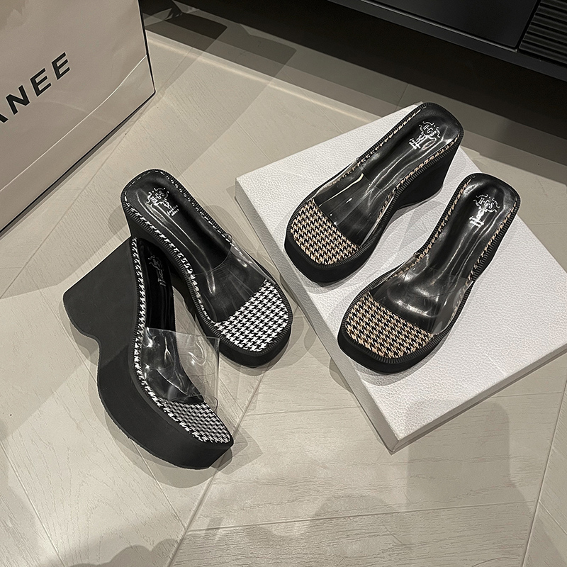New Style One-Strap Transparent High Heel Slippers for Women Summer Outdoor Wear Waterproof Platform Chunky Sole Checkered Pattern