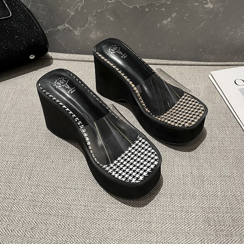 New Style One-Strap Transparent High Heel Slippers for Women Summer Outdoor Wear Waterproof Platform Chunky Sole Checkered Pattern - Image 4