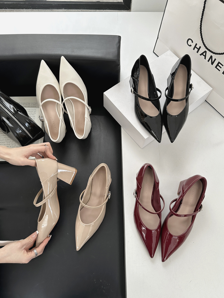 Sexy Nude Patent Leather High Heel Women's Shoes Black Professional Chunky Heel Spring Summer Pointed Toe Shallow Mouth Comfortable Temperament Flat Shoes