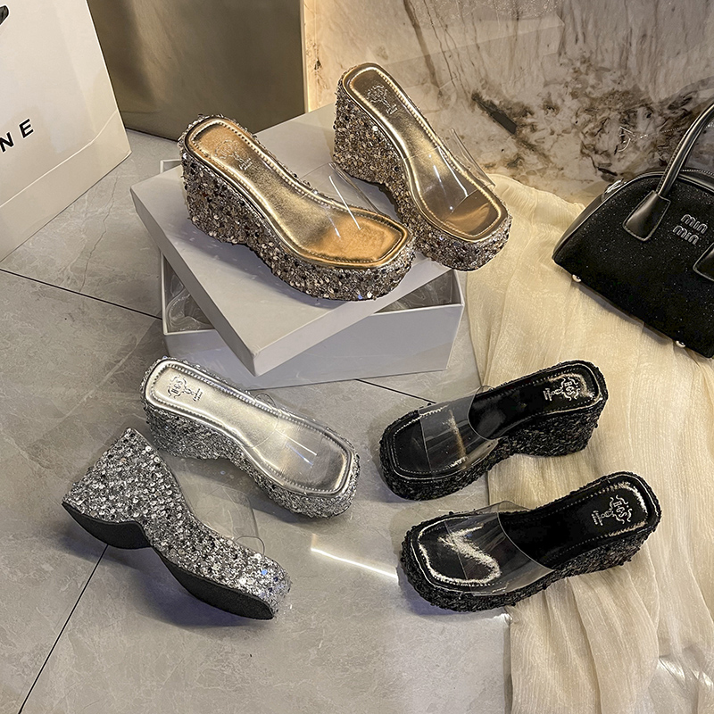 Square Toe Platform Thick Sole Slippers One-Strap Mid Heel Women 2025 New Summer Outdoor Shiny Sequins Slides