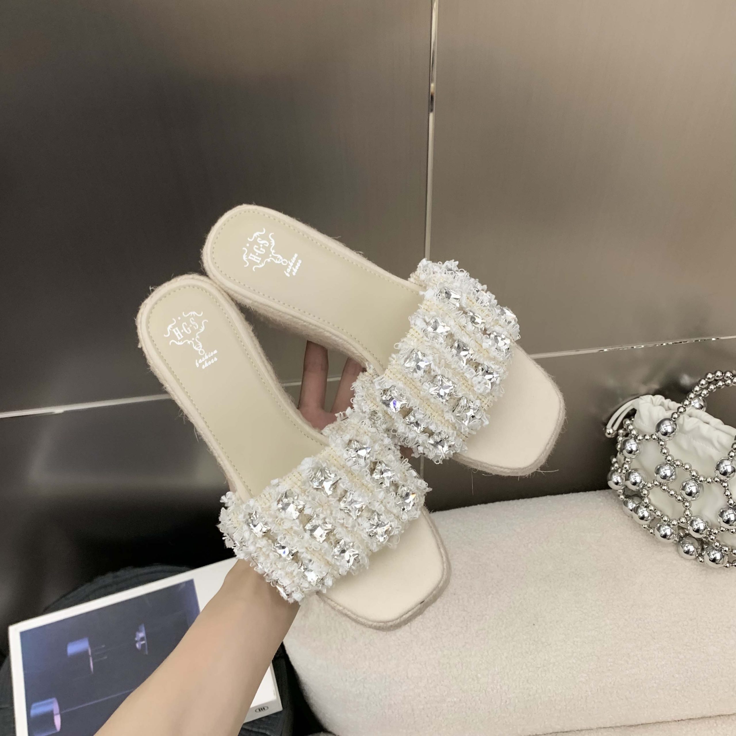 Women's Rhinestone Platform Wedge Slippers 2025 Summer High Heel Fashion
